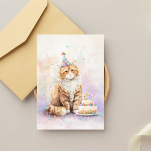 Verjaardagskat met cake – Mopshoge feesthoed kat Briefkaart