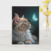 Verjaardagskat met een gloeiende neonvlinder kaart (Gele Bloem)