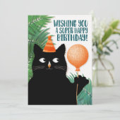Verjaardagskat met feest pet en ballon kaart (Staand voorkant)