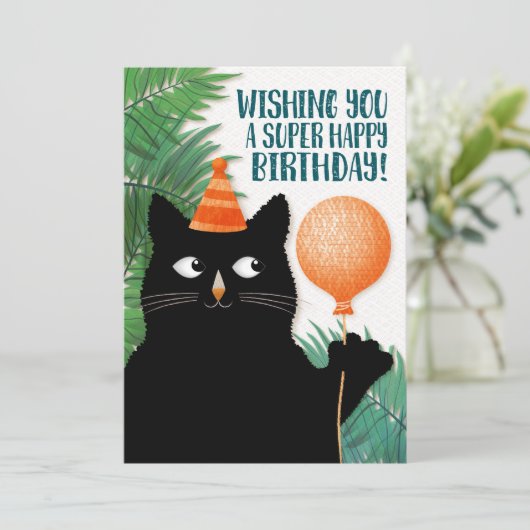 Verjaardagskat met feest pet en ballon kaart (Staand voorkant)