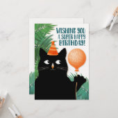 Verjaardagskat met feesthoed en ballon kaart (Voorkant / Achterkant in situ)