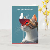 Verjaardagskat met glas rode wijn kaart (Gele Bloem)