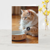 Verjaardagskat met lege voerbak en slim horloge kaart (Gele Bloem)