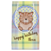 Verjaardagskat op plaid met persoonlijke naam klein cadeauzakje (Voorkant)