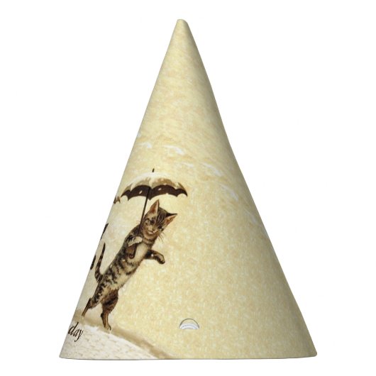 Verjaardagskatten lopen rechtop in sneeuwparaplu's feesthoedjes (Rechts)