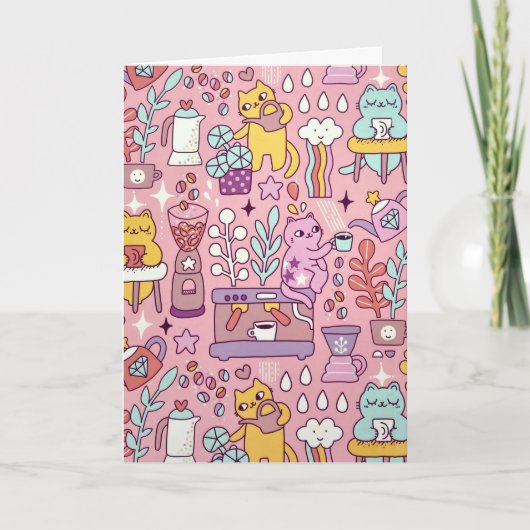 Verjaardagskatten op roze kaart (Voorkant)