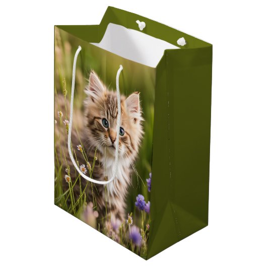 Verjaardagskitten in wilde bloemen medium cadeauzakje (Voorkant Gekanteld)