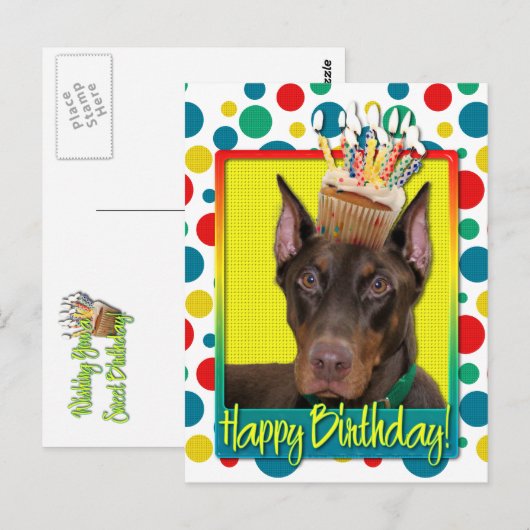 Verjaardagskoekje - Doberman - Rood - Rocky Briefkaart (Voorkant / Achterkant)