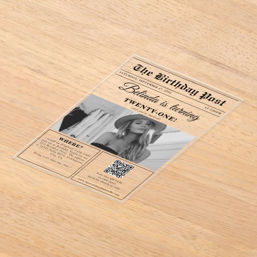 Verjaardagskrant Fun Zwart & Wit Foto Acryl Uitnodigingen (Laagn)