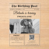 Verjaardagskrant Fun Zwart & Wit Foto Acryl Uitnodigingen (Voorkant)