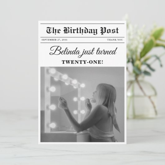 Verjaardagskrant Fun Zwart & Wit Foto Bedankkaart (Staand voorkant)