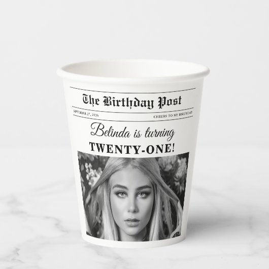 Verjaardagskrant Fun Zwart & Wit Foto Papieren Bekers (Voorkant)