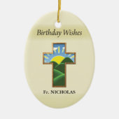 Verjaardagskruispriester gepersonaliseerd keramisch ornament (Voorkant)