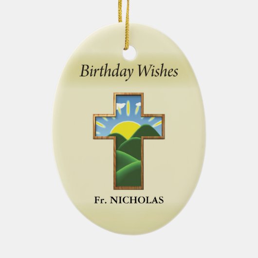Verjaardagskruispriester gepersonaliseerd keramisch ornament (Achterkant)
