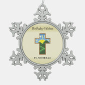 Verjaardagskruispriester gepersonaliseerd tin sneeuwvlok ornament (Voorkant)
