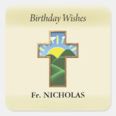 Verjaardagskruispriester gepersonaliseerd vierkante sticker (Voorkant)