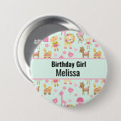 Verjaardagskuiken met dieren en speelgoed ronde button 7,6 cm (Voorkant /achterkant)