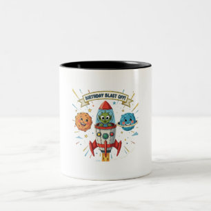 Verjaardagslancering! Schattig Alien in Raket Ship Tweekleurige Koffiemok