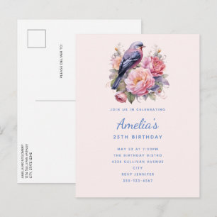 Verjaardagslied vogel zit bovenop roze pioenrozen uitnodiging briefkaart