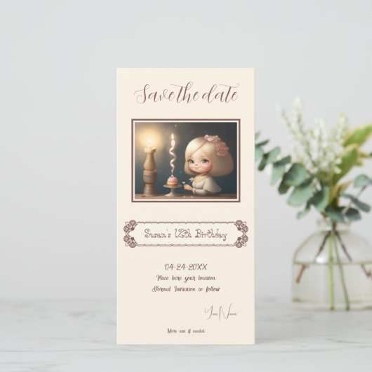 Verjaardagsmeisje 01 save the date (Staand voorkant)