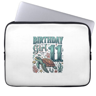 Verjaardagsmeisje 11 Zeeschildpad Vintage Gravure  Laptop Sleeve