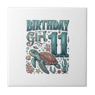 Verjaardagsmeisje 11 Zeeschildpad Vintage Gravure Tegeltje
