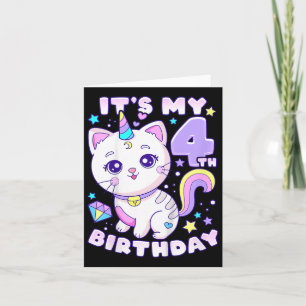 Verjaardagsmeisje 4 jaar oud, Kat, Eenhoorn, 4e ve Kaart