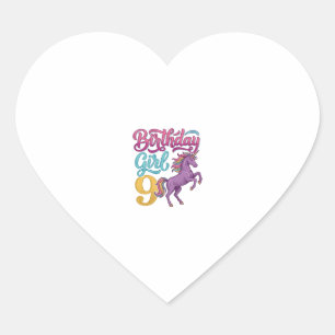 Verjaardagsmeisje 9 Eenhoring Vintage Gravure Ontw Hart Sticker