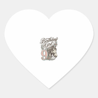 Verjaardagsmeisje 9 Paard Bloemig Vintage Gravure  Hart Sticker