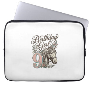 Verjaardagsmeisje 9 Paard Bloemig Vintage Gravure Laptop Sleeve