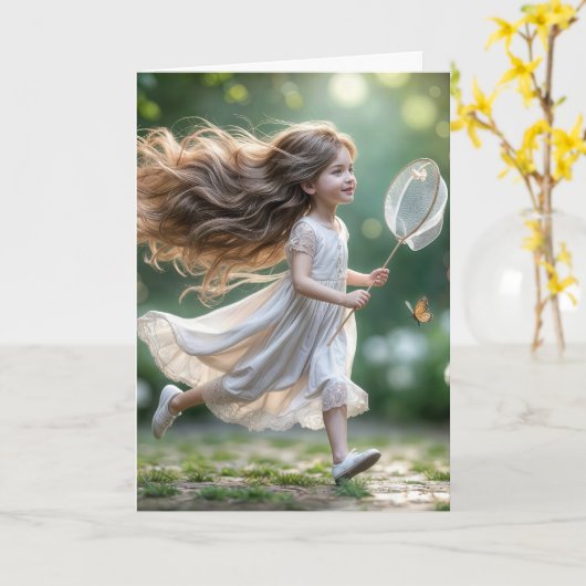 Verjaardagsmeisje achter vlinders aan kaart (Gele Bloem)
