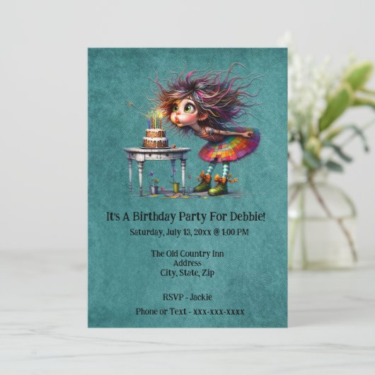 Verjaardagsmeisje blaast kaarsen uit kaart (Staand voorkant)