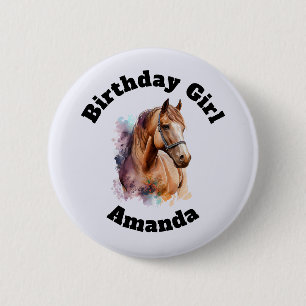 Verjaardagsmeisje Bruine Paardenkop Portret Ronde Button 5,7 Cm