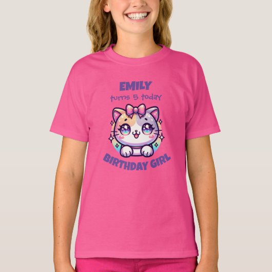 Verjaardagsmeisje Cute Cat T-shirt - Aangepaste na (Voorkant)