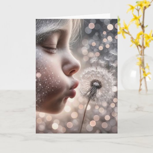 Verjaardagsmeisje dat paardenbloempluizen wegblaas kaart (Gele Bloem)