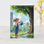 Verjaardagsmeisje die een stadsboom water geeft kaart (Gele Bloem)