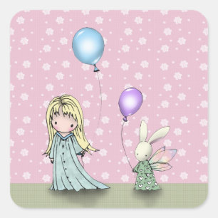 Verjaardagsmeisje en konijn met ballonnenstickers vierkante sticker