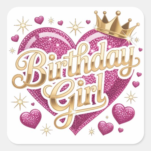 Verjaardagsmeisje Glitter Hart Vierkante Sticker (Voorkant)