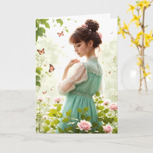 Verjaardagsmeisje in de zomertuin kaart (Gele Bloem)