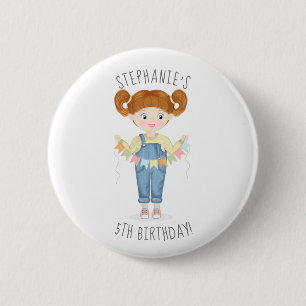Verjaardagsmeisje in overall roodharige ronde button 5,7 cm