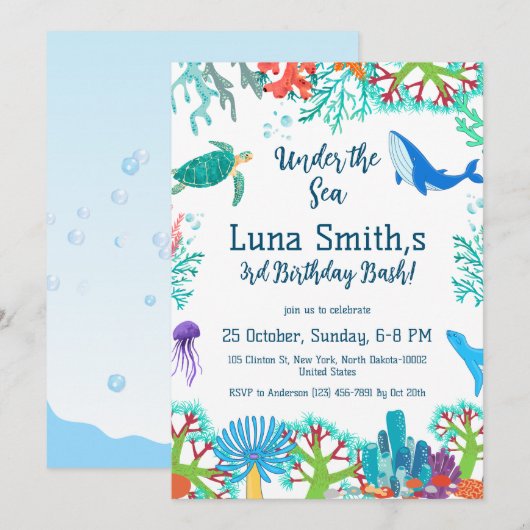 Verjaardagsmeisje Kleurrijke Zee Dieren Themafeest Kaart (Voorkant / Achterkant)