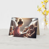 Verjaardagsmeisje leest voor aan teddyberen kaart (Gele Bloem)