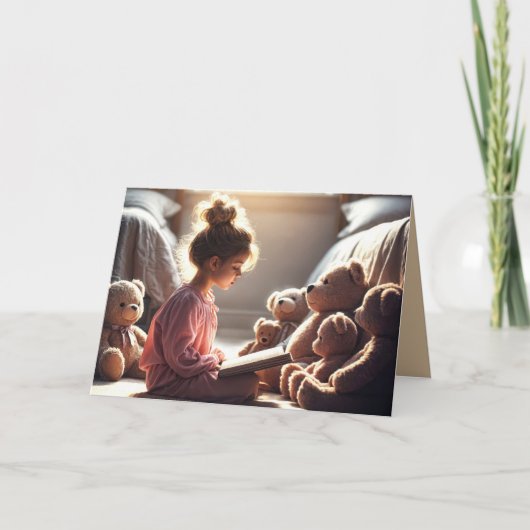 Verjaardagsmeisje leest voor aan teddyberen kaart (Voorkant)