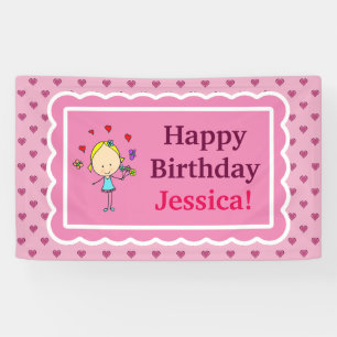 Verjaardagsmeisje, liefdesharten, bloemen, vlinder spandoek