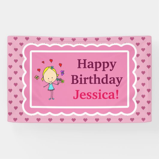 Verjaardagsmeisje, liefdesharten, bloemen, vlinder spandoek (Horizontaal)