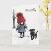 Verjaardagsmeisje loopt haar zwarte hond kaart (Gele Bloem)