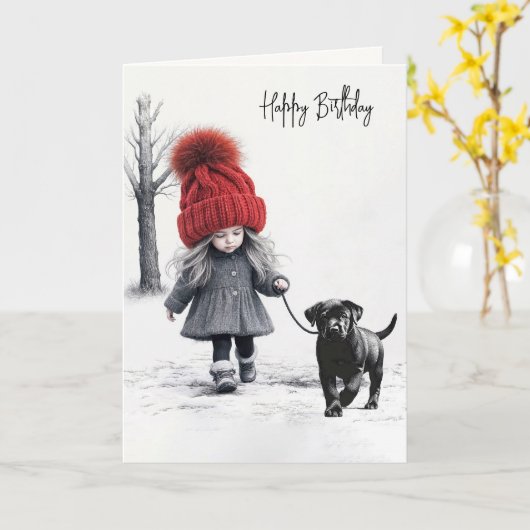 Verjaardagsmeisje loopt haar zwarte hond kaart (Gele Bloem)