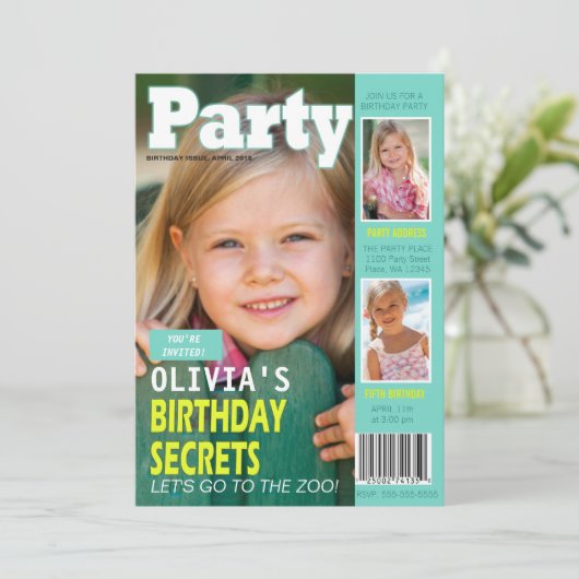 Verjaardagsmeisje Magazine Hoesje 3 foto's Feest Kaart (Staand voorkant)