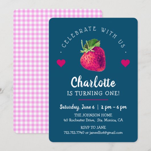 Verjaardagsmeisje met aardbeienharten blauwgroen bedankkaart (Voorkant / Achterkant)