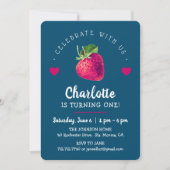 Verjaardagsmeisje met aardbeienharten blauwgroen bedankkaart (Voorkant)